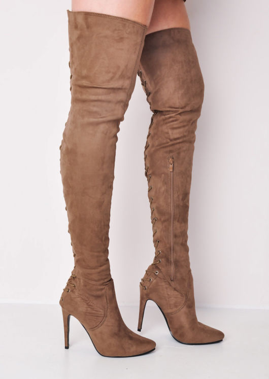 Women Long Stretch Over the Knee Boots Thigh High Heeled Boots Zipper Lace Shoes